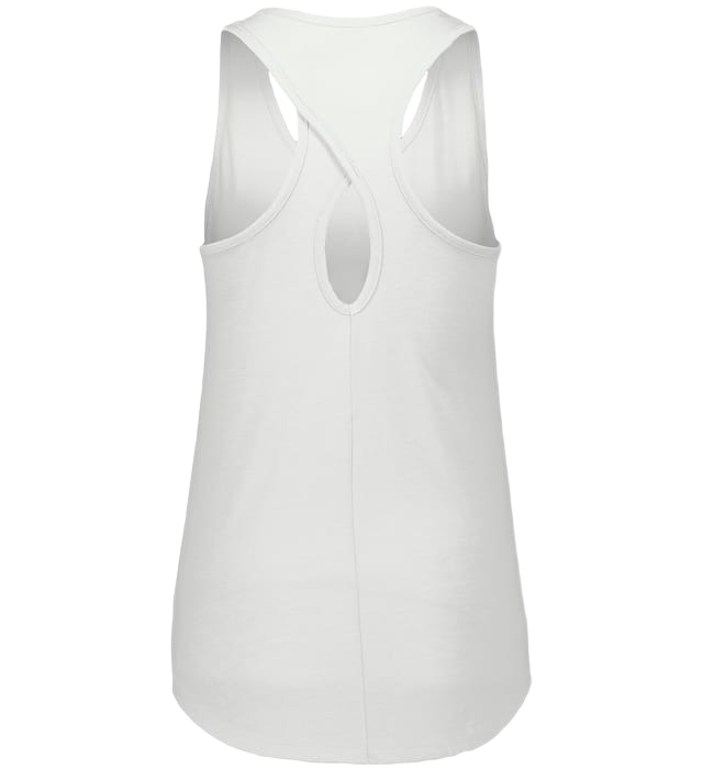 Back view of a white tank top featuring a twisted racerback with a teardrop-shaped keyhole cutout and a curved hem.