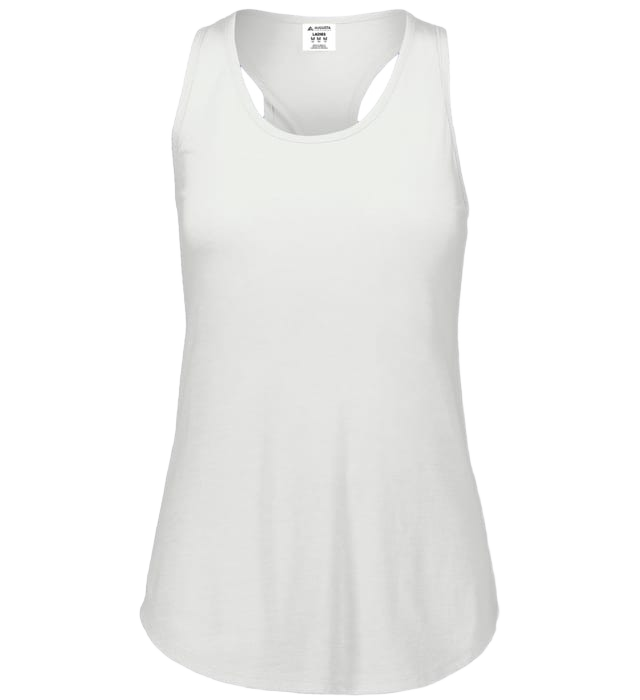 Front view of a plain white racerback tank top for women with a scoop neck, shown on a white background.