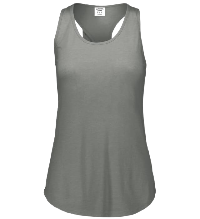 A solid gray women's racerback tank top with a scoop neck and a rounded hem.