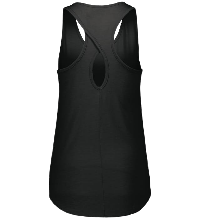 Back view of a black women's racerback tank top featuring a twisted knot detail with a small teardrop cutout at the center back.