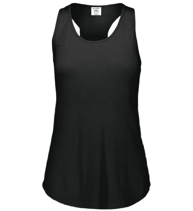 A plain black racerback tank top for women with a curved hem, shown on a white background.