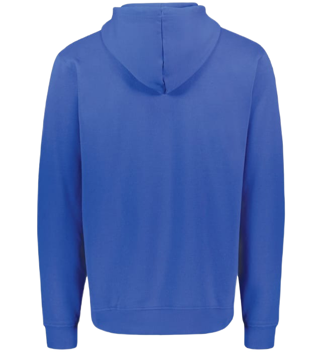 A back view of the Augusta 60/40 Fleece Hoody in Royal, showing the solid blue fabric, hood, and ribbed waistband and cuffs.