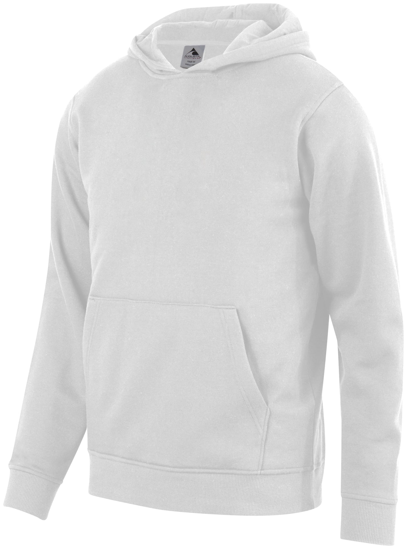 A plain white hooded sweatshirt featuring a front kangaroo pocket and ribbed cuffs and waistband.