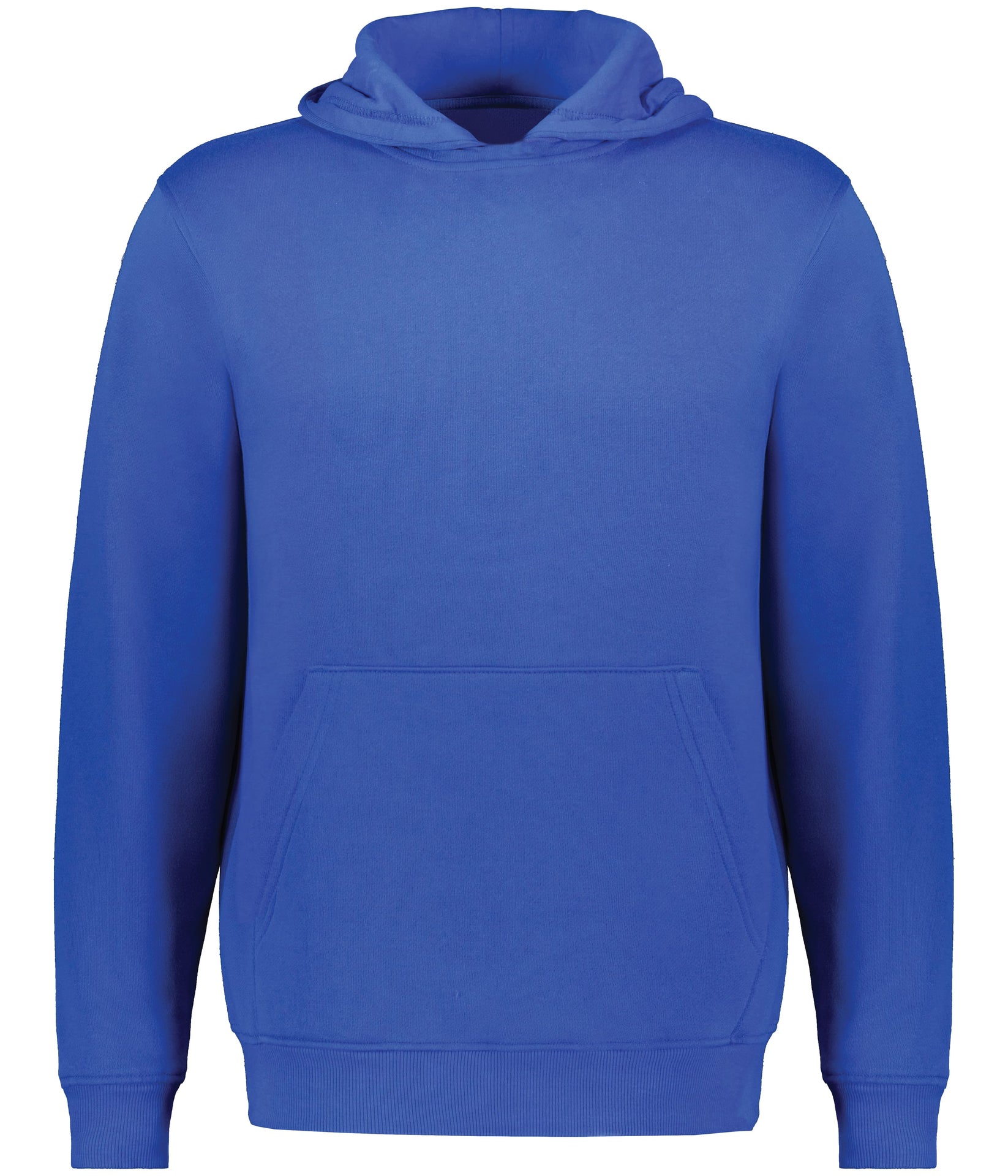 A plain royal blue hoodie with a front kangaroo pocket, ribbed cuffs, and a ribbed hem, shown against a white background.