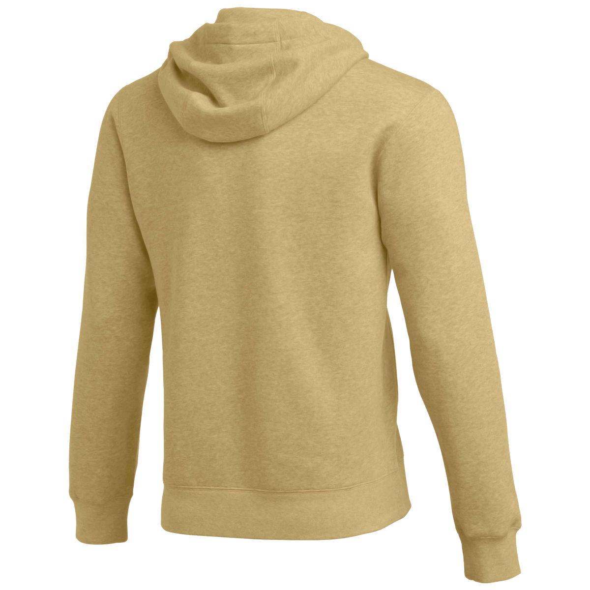 Back view of a light tan, long-sleeved hooded sweatshirt with ribbed cuffs and hem.