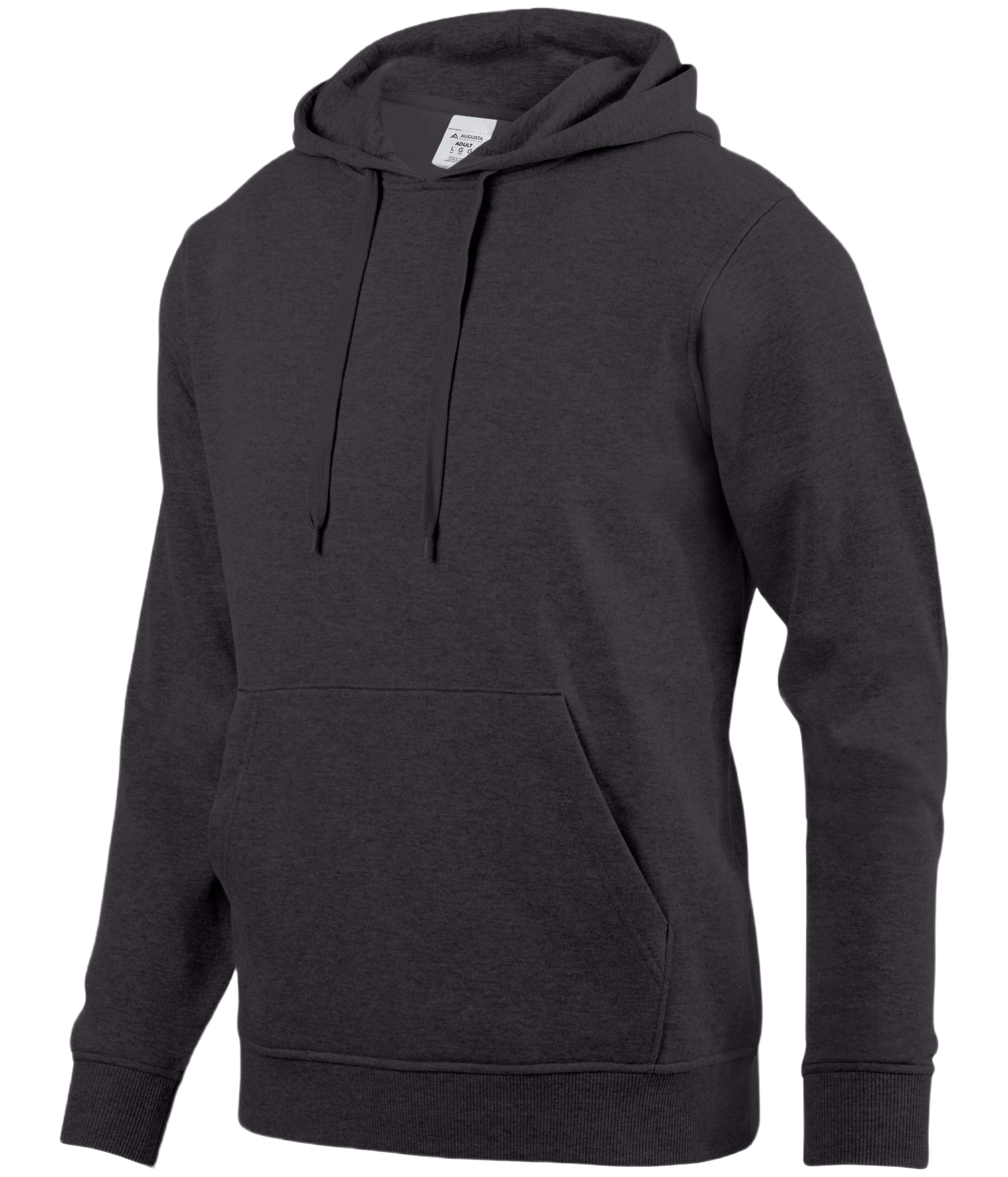 Dark gray hooded sweatshirt with drawstrings and a front kangaroo pocket, isolated on a white background.