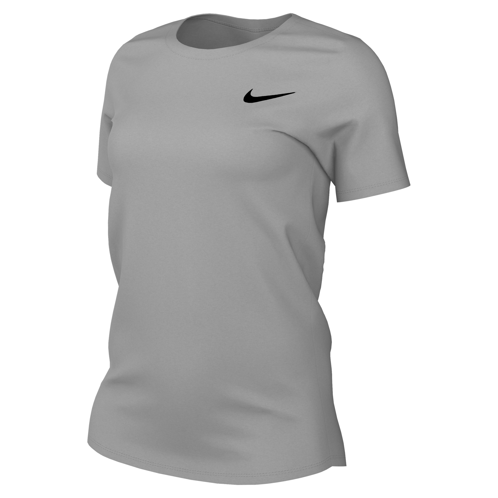 Light gray Nike short-sleeve crew neck t-shirt with a black swoosh logo on the chest. Shown from a three-quarter angle against a black background.