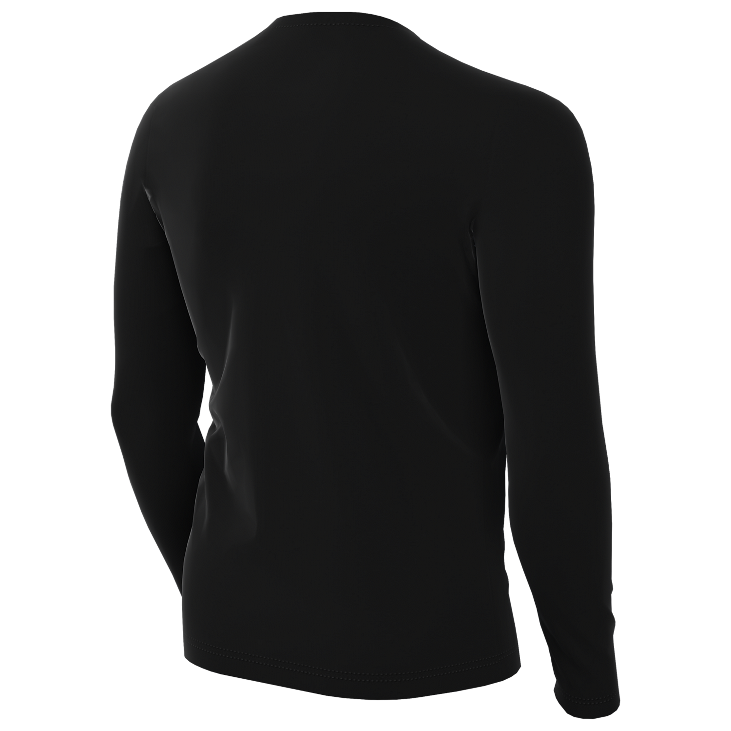 Rear view of a tight-fitting, long-sleeved black shirt with a crew neck.