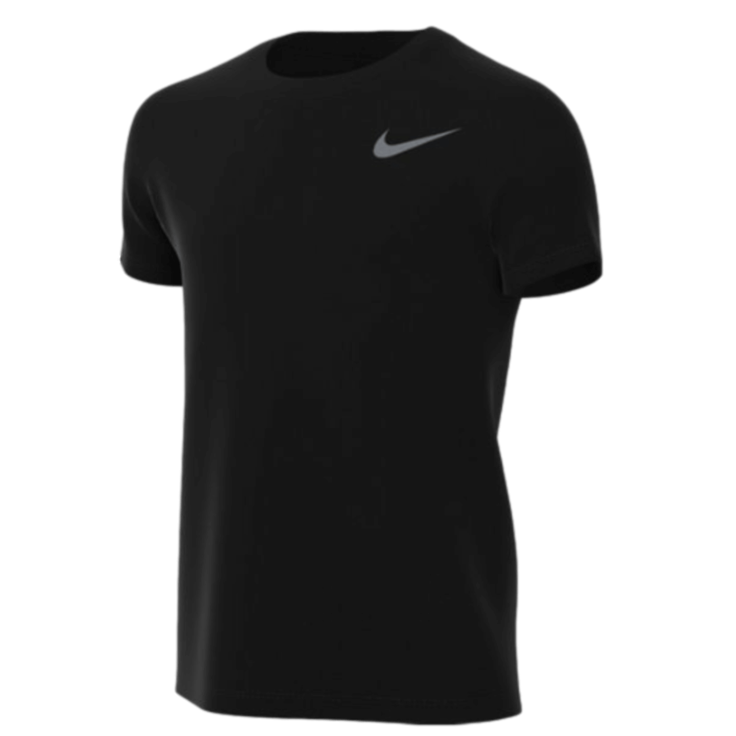 Black short-sleeved crew neck t-shirt with a small grey Nike logo on the upper left chest.
