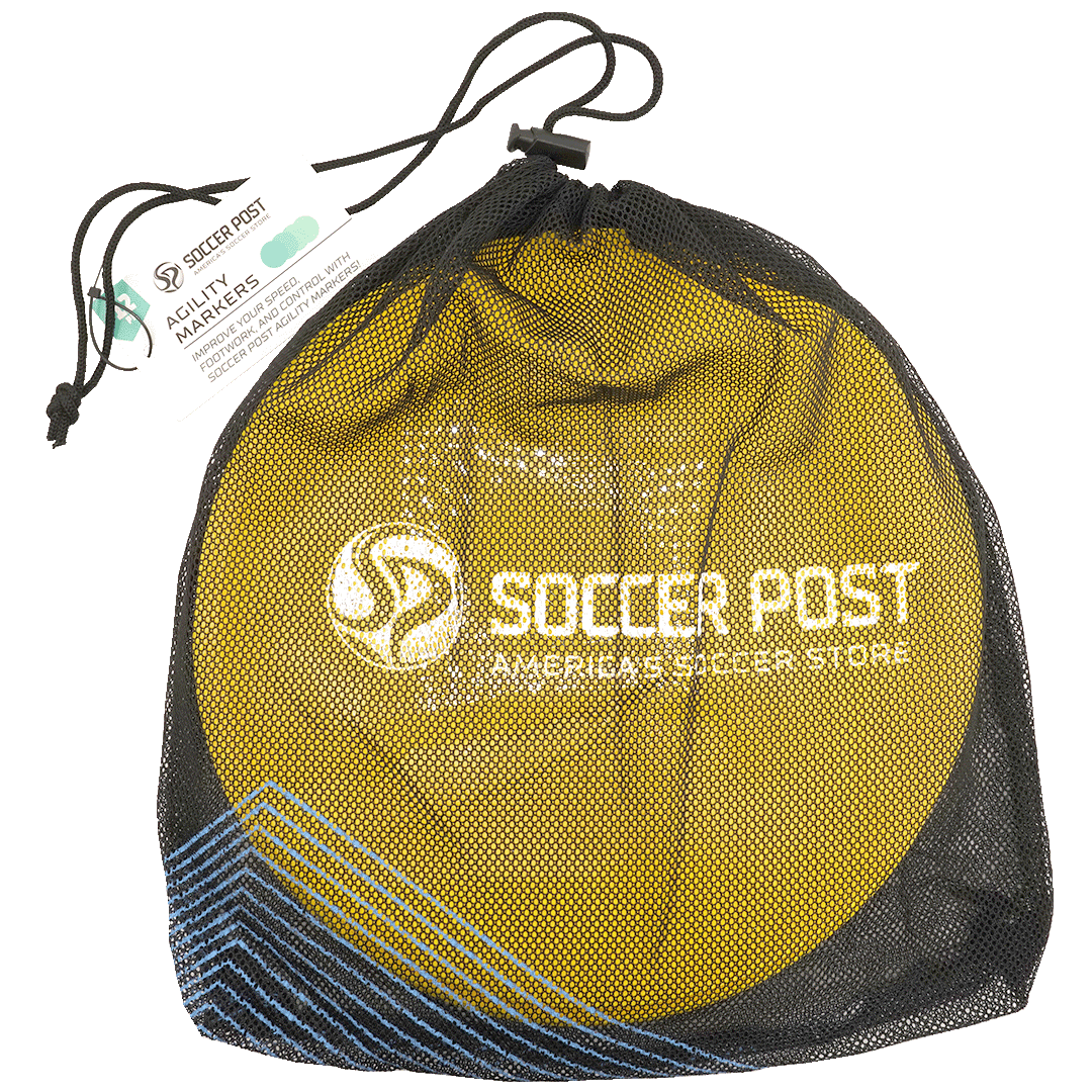 Black mesh drawstring bag containing yellow disc agility markers, featuring the Soccer Post logo and a blue chevron pattern.