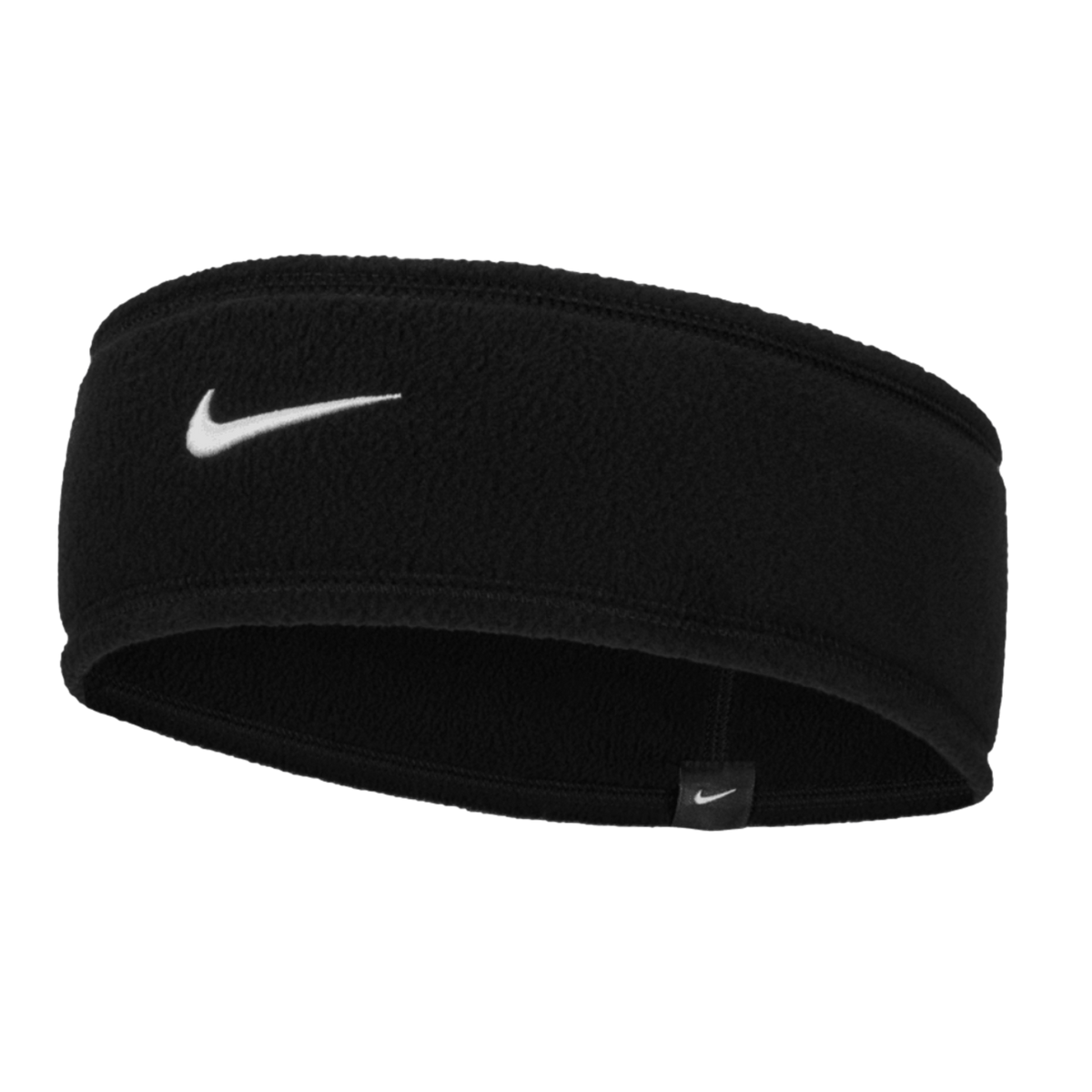 A black fleece Nike headband with a white swoosh logo on the front, set against a black background.