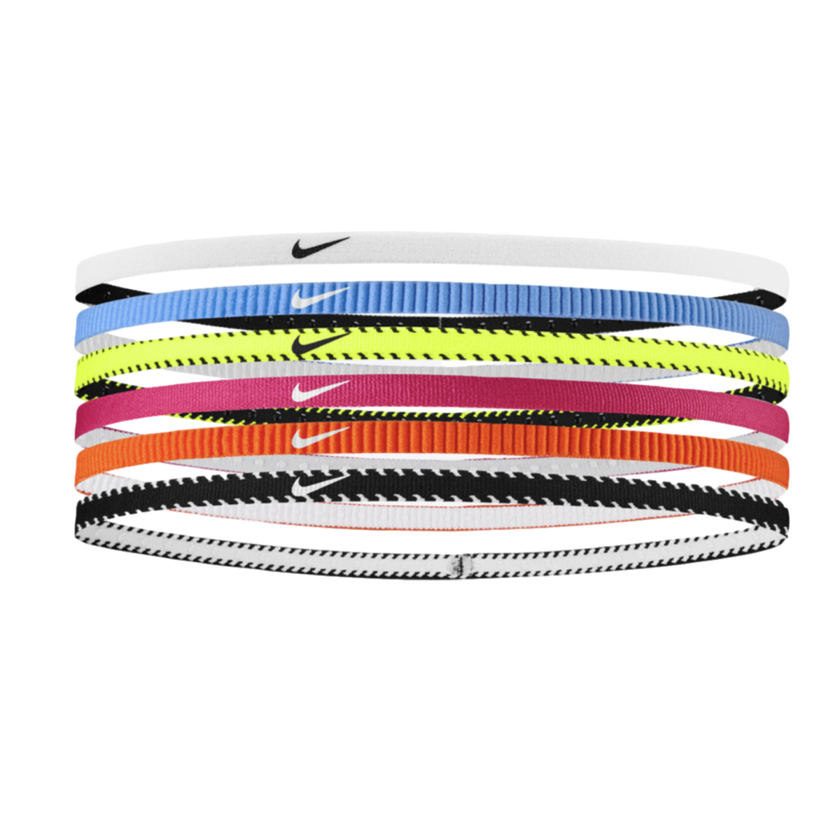 Six thin Nike headbands stacked vertically in white, light blue, neon yellow, magenta, orange, and black-and-white patterned colors.