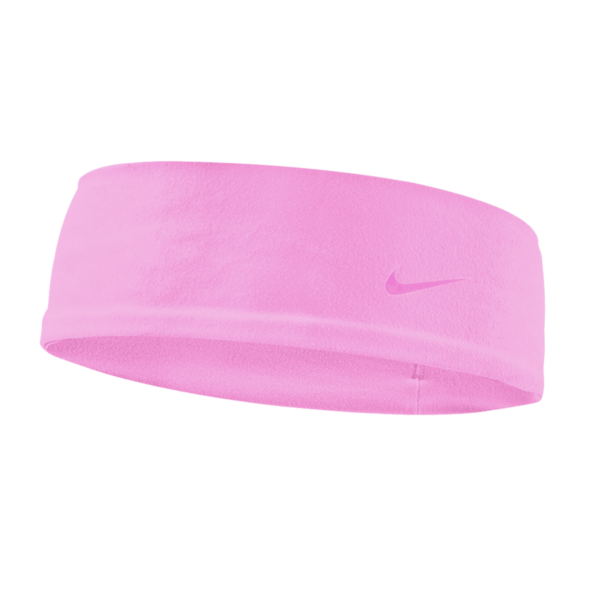 A light pink Nike fleece headband with a small matching swoosh logo on the right side, set against a black background.