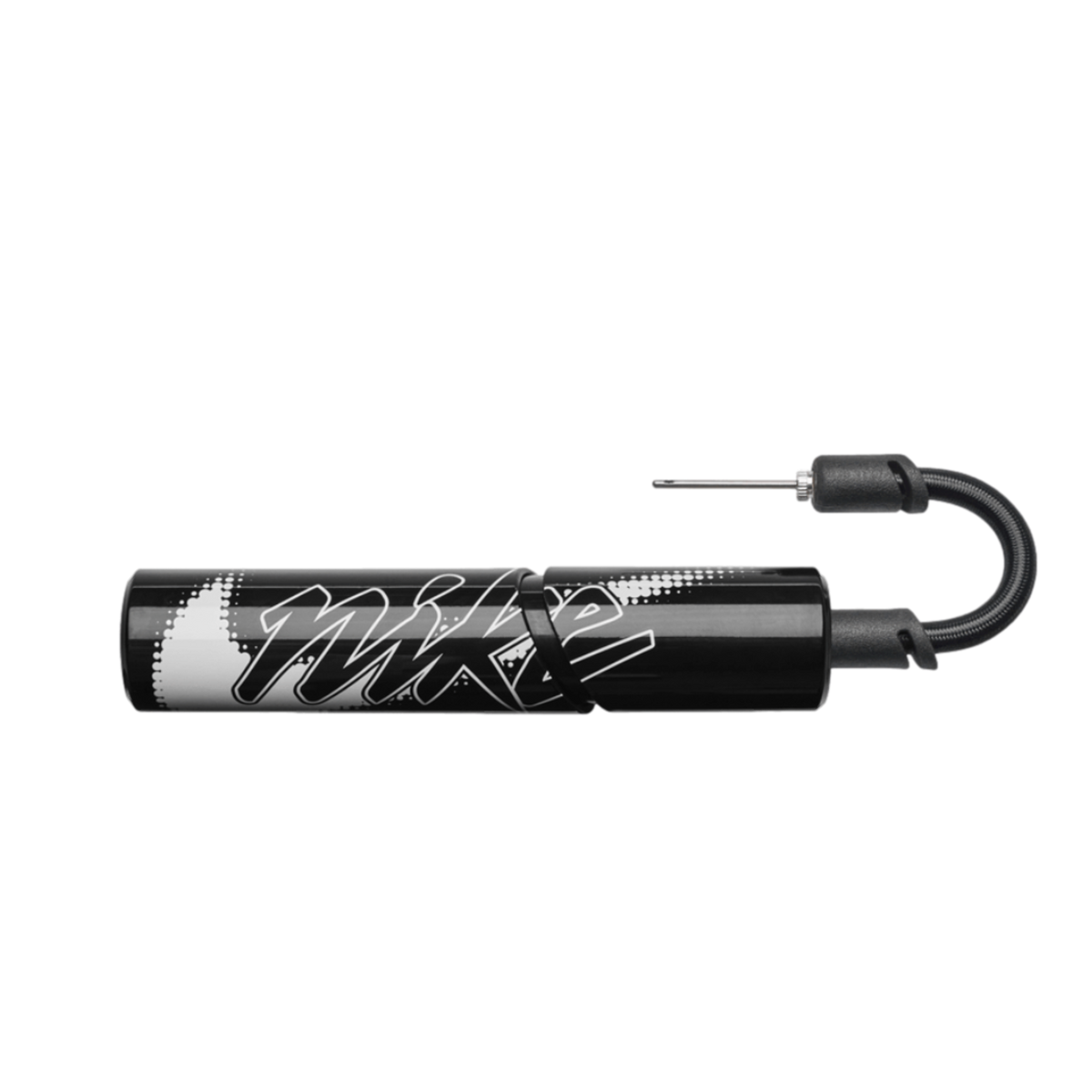 A black Nike hand pump for sports balls, featuring a white stylized logo and a flexible hose with a metal inflation needle.