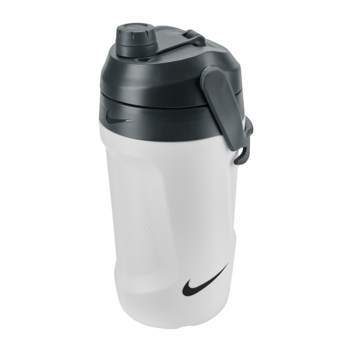 A white Nike water jug with a dark gray lid, side handle, and screw-top cap. It features a textured grip and black Nike swoosh logos.
