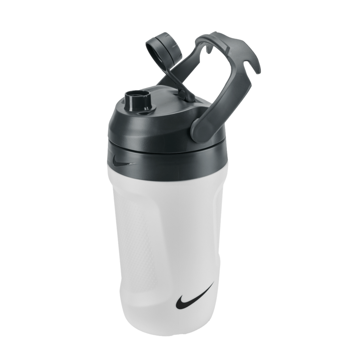 White Nike water bottle with a black flip-top lid, integrated handle, and swoosh logos, shown against a solid black background.