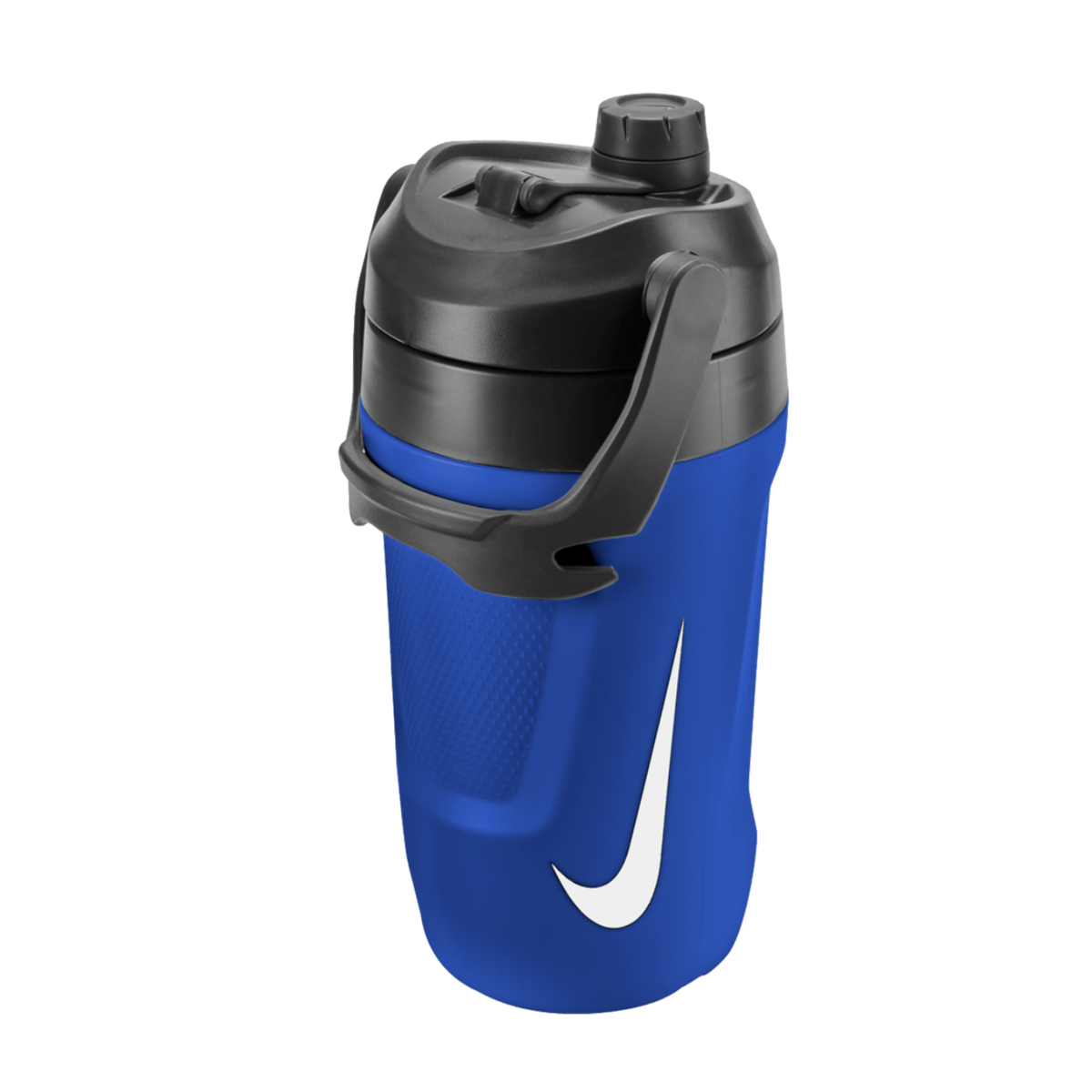 A blue Nike water jug featuring a black lid and handle, with a prominent white Nike swoosh logo on the front, set against a solid black background.