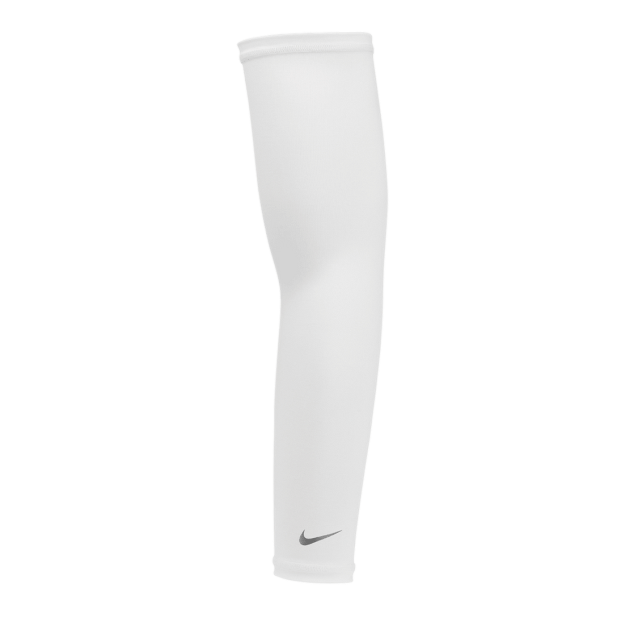 A white Nike compression arm sleeve with a small silver swoosh logo near the wrist, set against a solid black background.