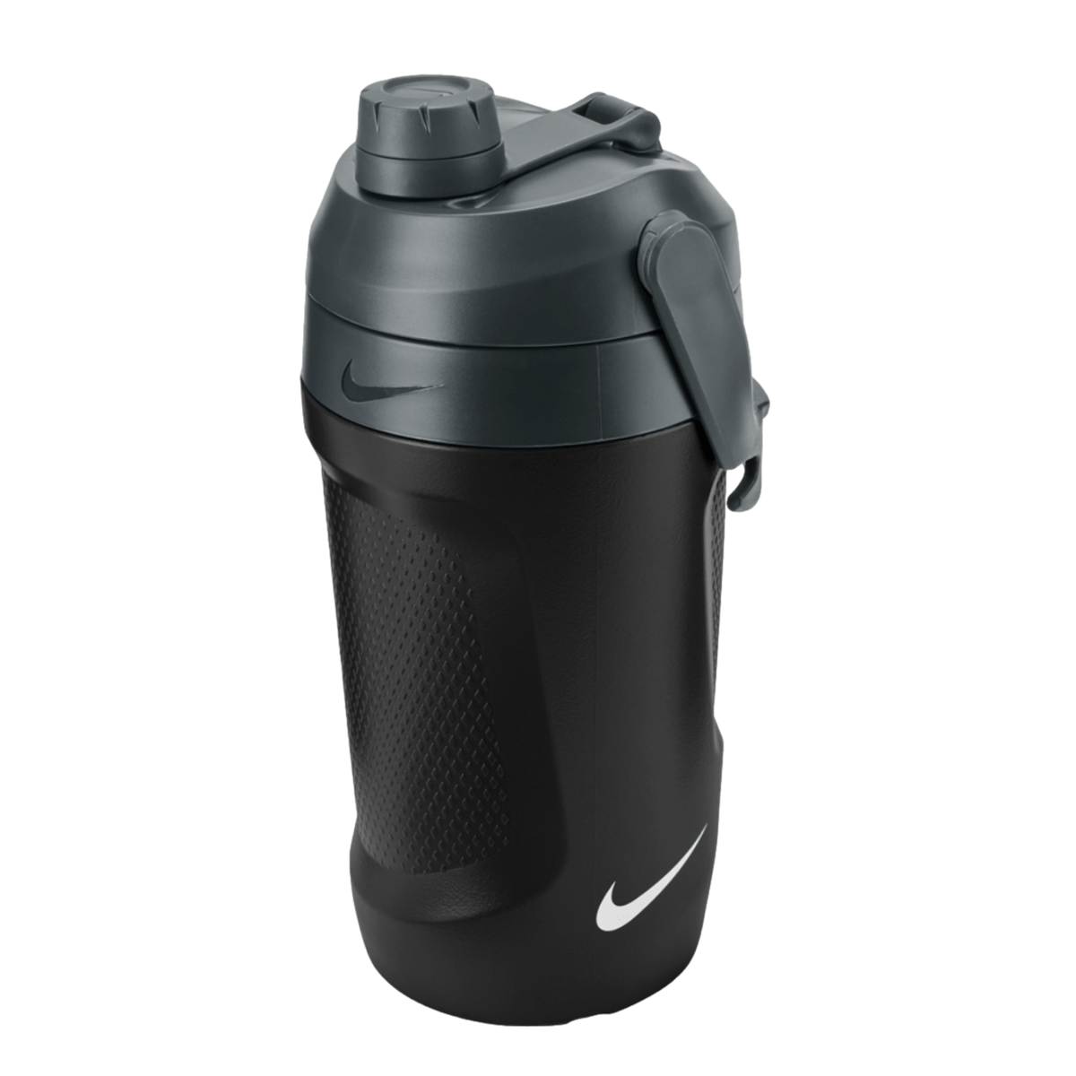 Black and grey Nike sports water bottle with a textured grip and white swoosh logo.