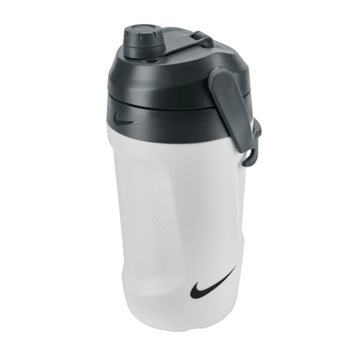 White Nike fuel jug with a dark gray lid and integrated handle, featuring black swoosh logos, isolated against a solid black background.