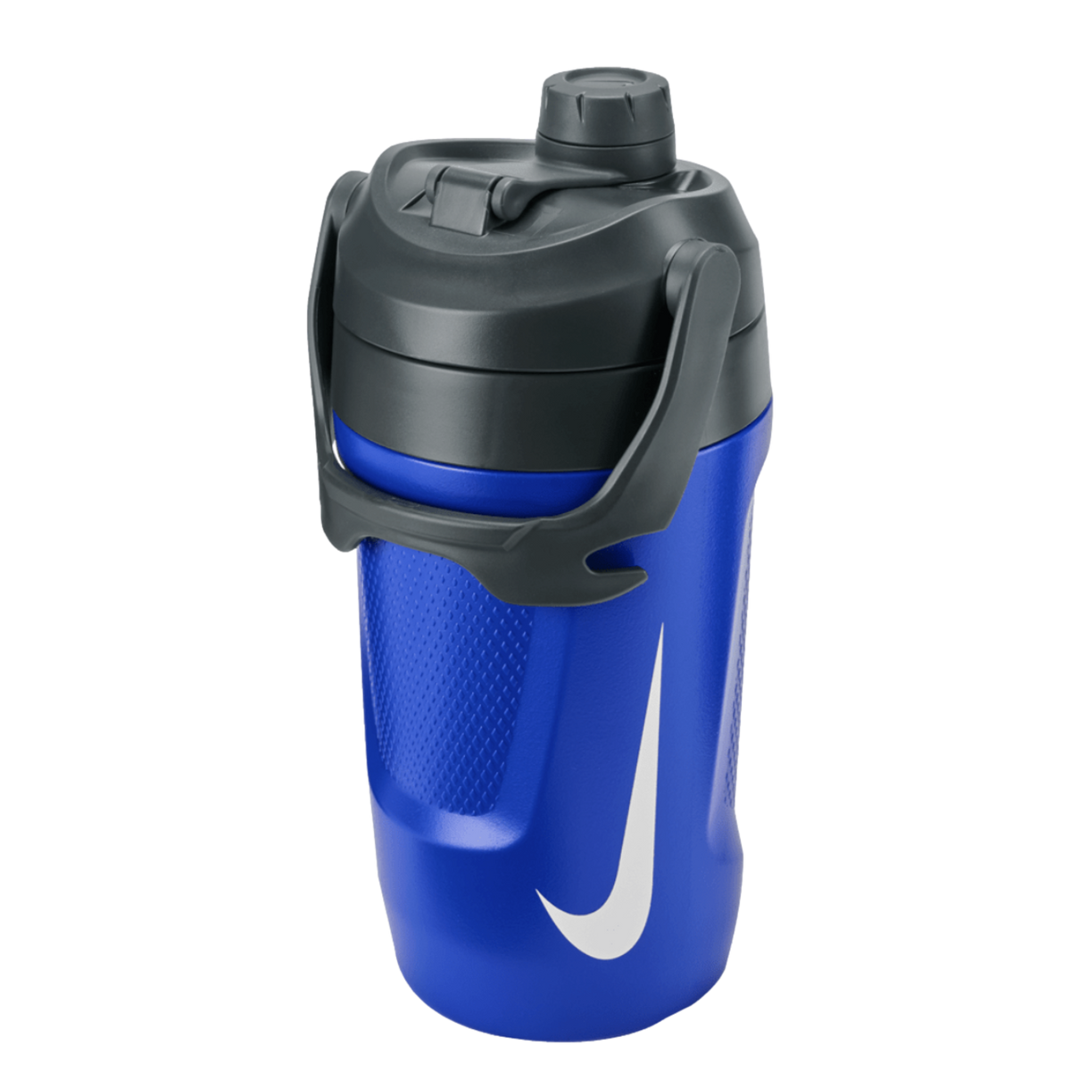 A blue and black Nike fuel jug featuring a large white swoosh, a carry handle, and a textured grip, isolated on a black background.