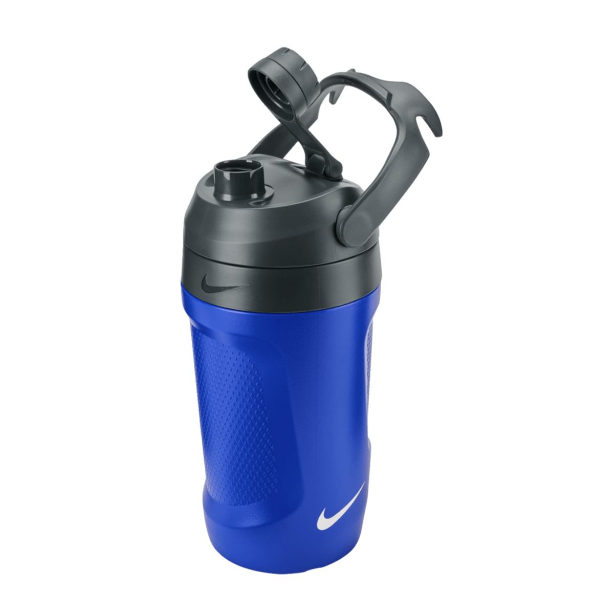 A blue and grey Nike water bottle with a flip-top lid, carry handle, and textured grip, featuring Nike swoosh logos on a black background.