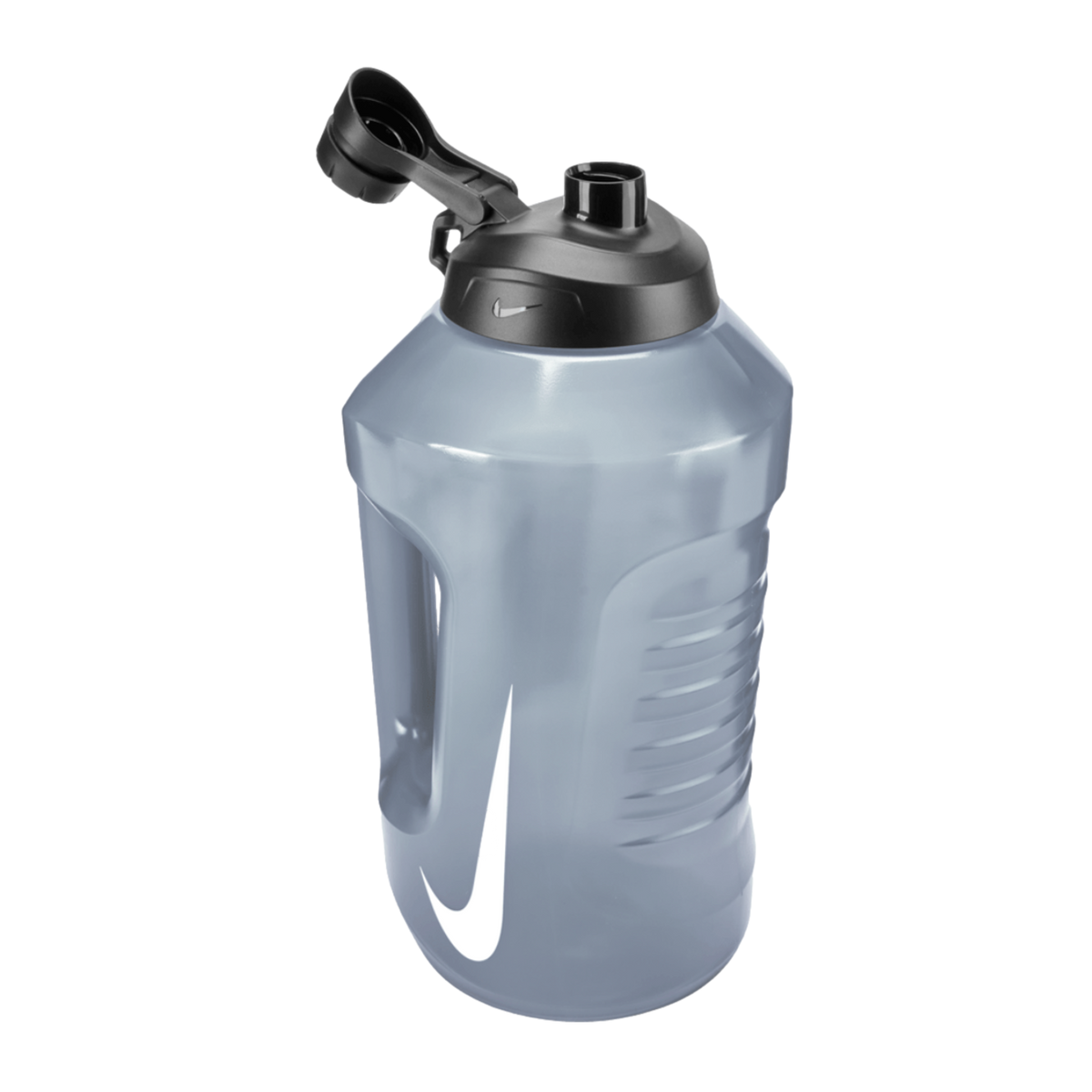 Smoky gray Nike water jug with a black flip-top lid and a large white swoosh logo.