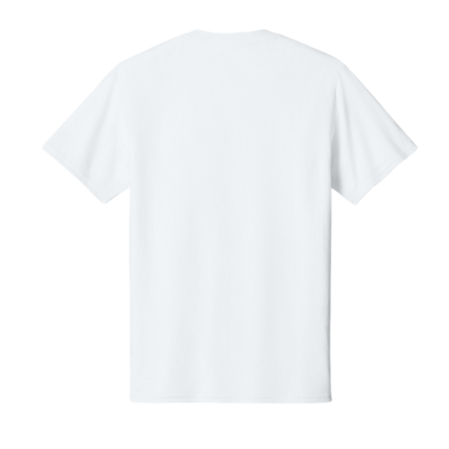 Back view of a plain white, short-sleeve crew neck t-shirt on a solid black background.