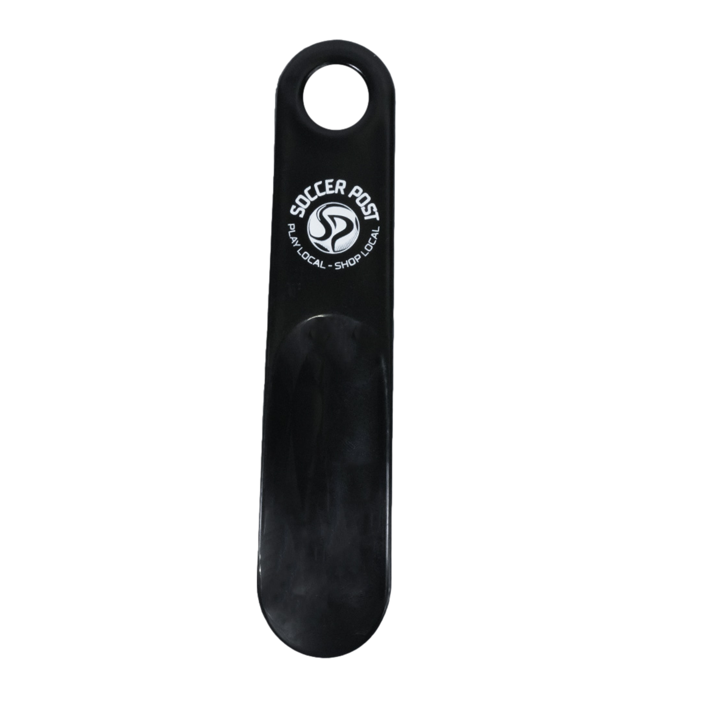 A black Soccer Post Shoe Horn with a white logo and a hanging hole at the top.