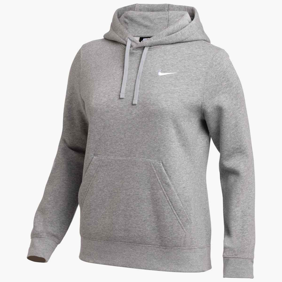 Heather grey Nike pullover hoodie with a drawstring hood, kangaroo pocket, and small white swoosh logo on the chest.