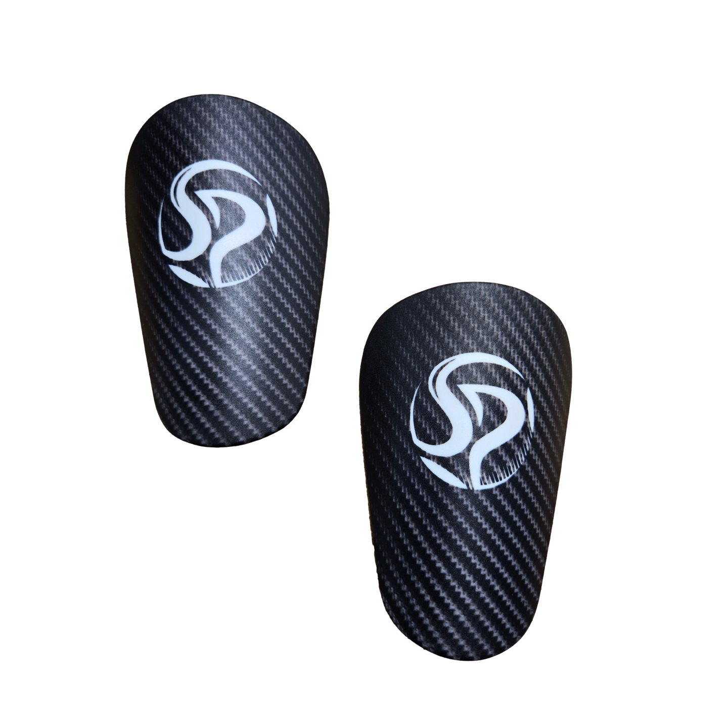 Pair of black shin guards with a carbon fiber pattern and white circular logos, shown against a black background.
