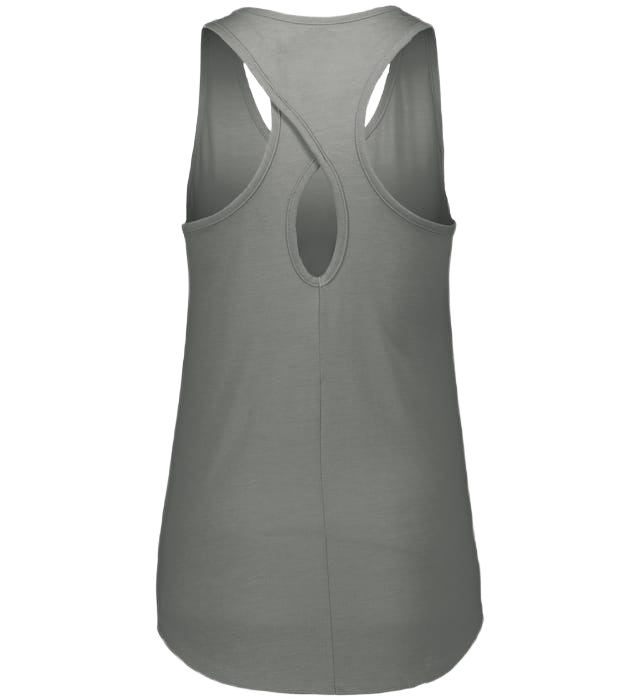 Back view of a grey racerback tank top featuring a teardrop-shaped cutout in the center back and a slightly curved hem.