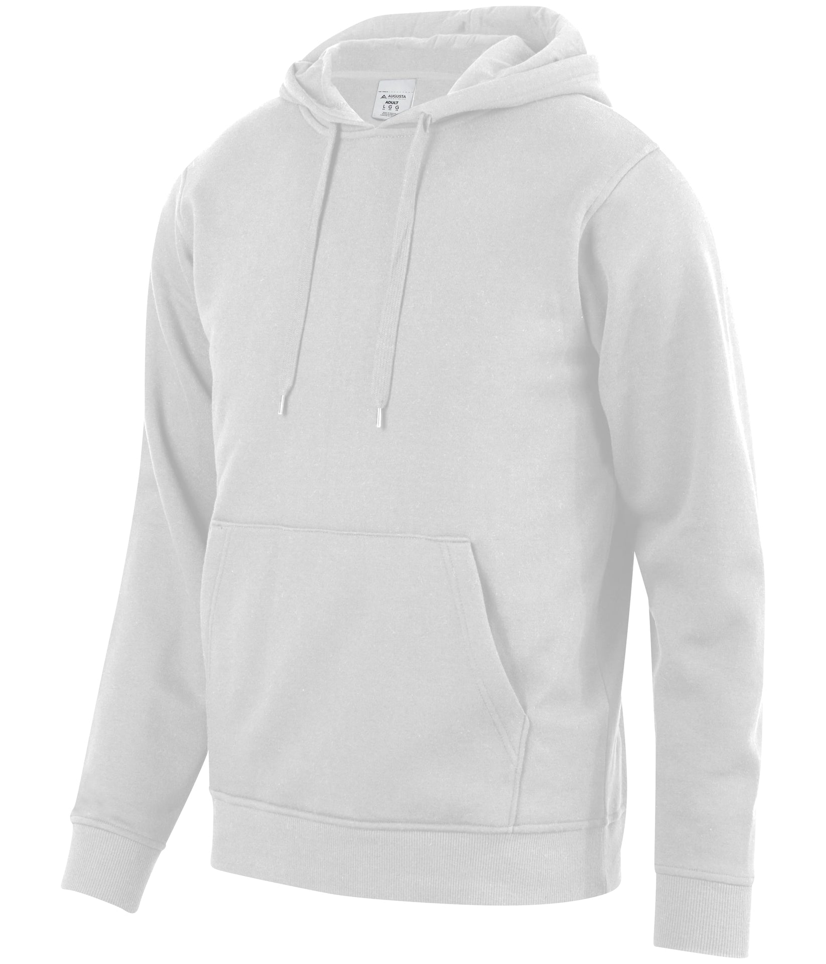 A plain white adult hoodie with a front kangaroo pocket and drawstrings, shown from a three-quarter angle.