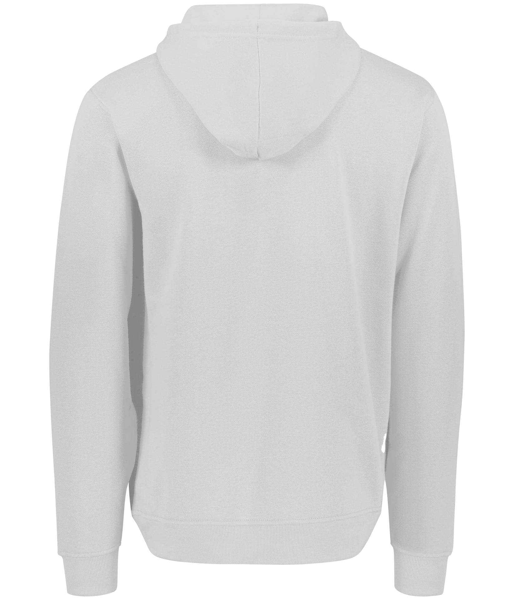 Back view of a plain, light-gray hoodie featuring long sleeves, a ribbed hem, and ribbed cuffs.