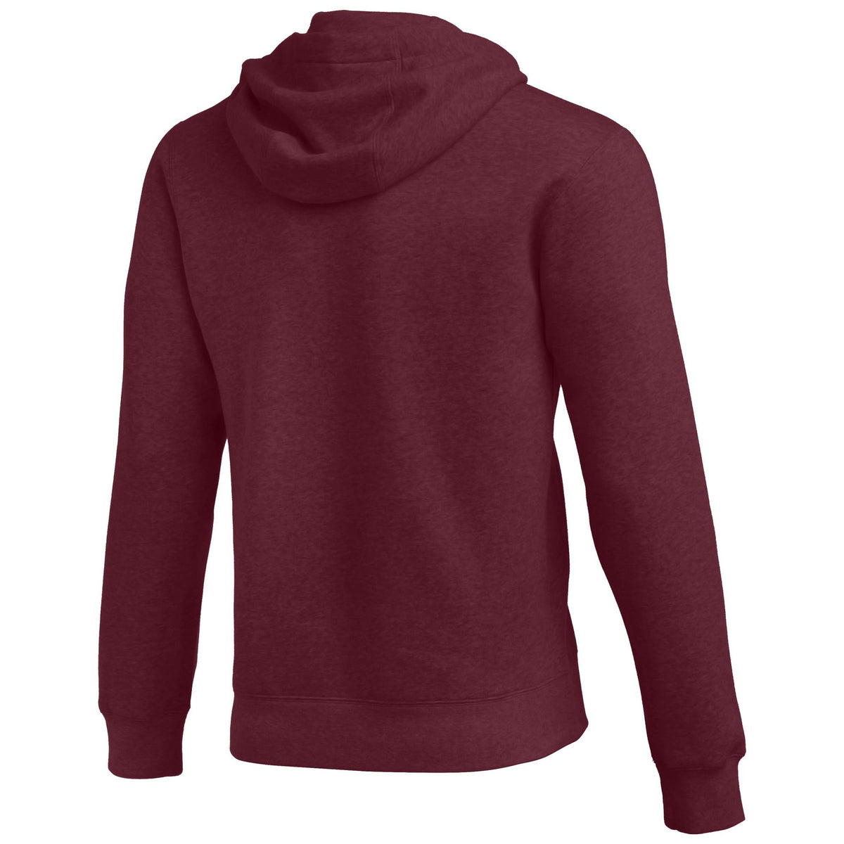 Back view of a maroon heathered hoodie with long sleeves, ribbed cuffs, and a ribbed hem, set against a plain white background.