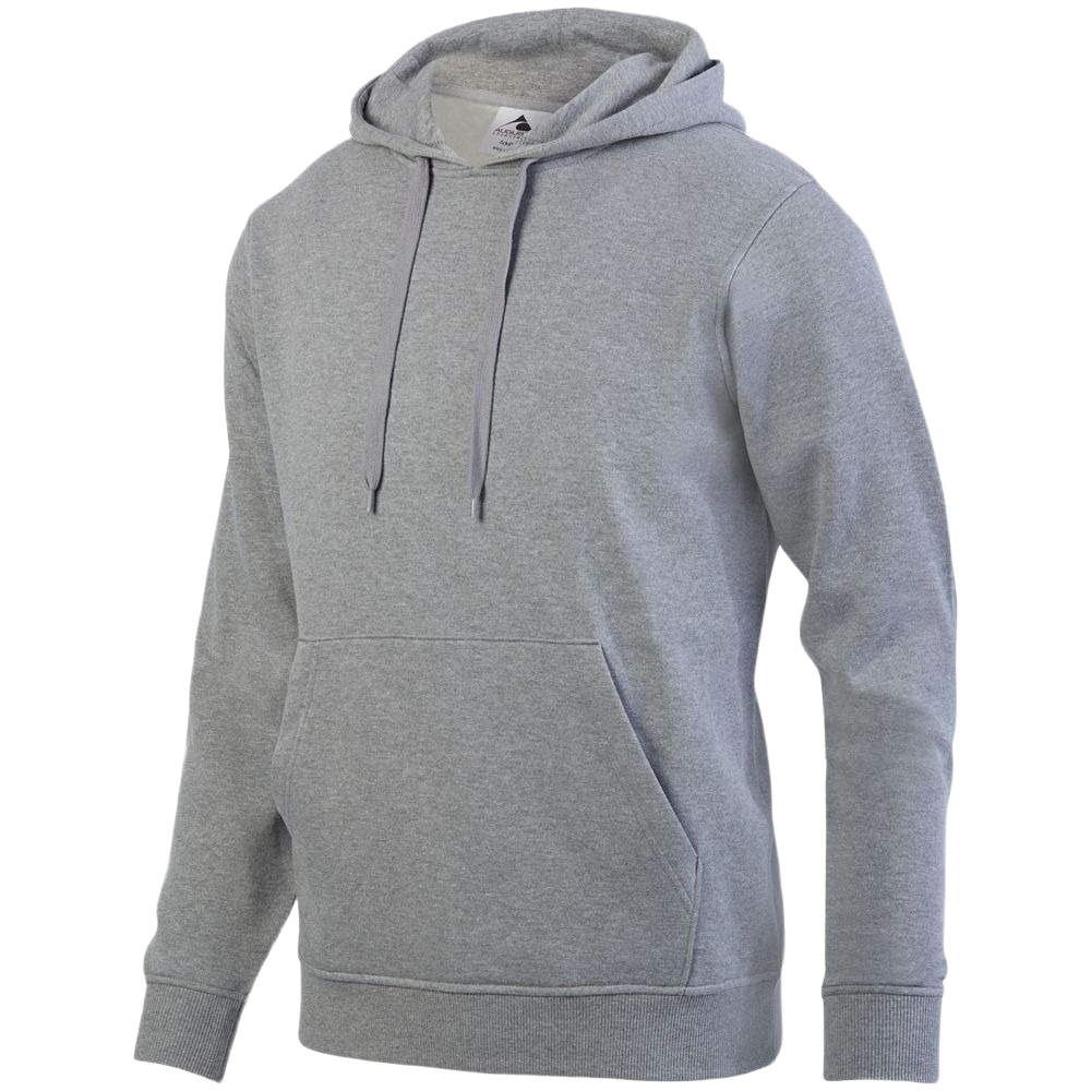 A heather grey hooded sweatshirt with a front kangaroo pocket and adjustable drawstrings.