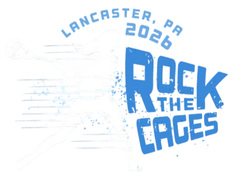 A sports logo for the "Rock the Cages" lacrosse event in Lancaster, PA, scheduled for 2026. The graphic features a white silhouette of a female lacrosse player in a dynamic running pose with horizontal motion lines, set against a black background. Large, bold blue text reads "ROCK THE CAGES" to the right, with "LANCASTER, PA 2026" arched above the athlete.