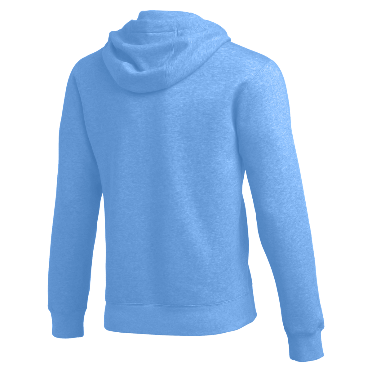 Back view of a light blue heathered hoodie with ribbed cuffs and hem.