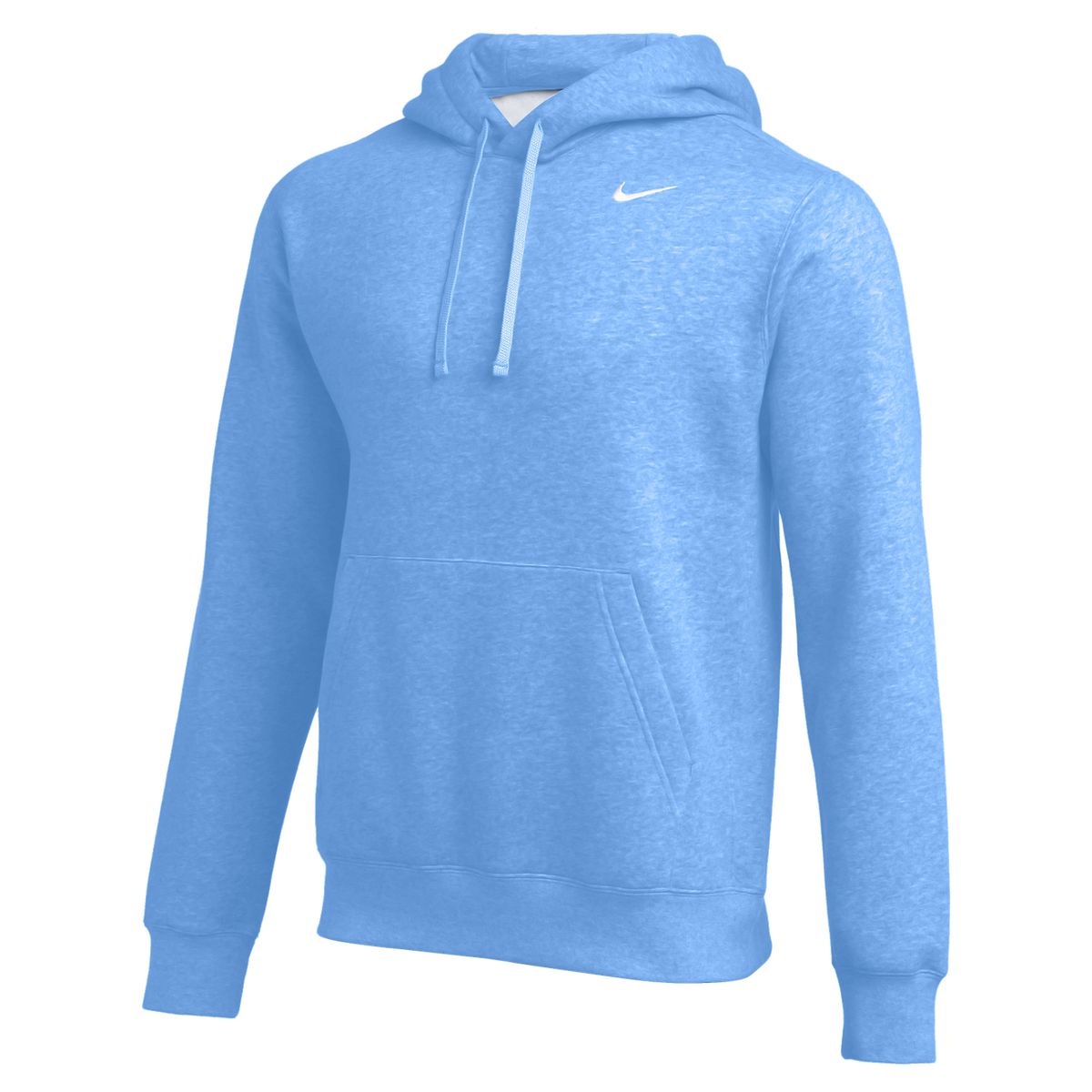 A light blue, heathered Nike pullover hoodie with a white swoosh on the chest and a front kangaroo pocket.