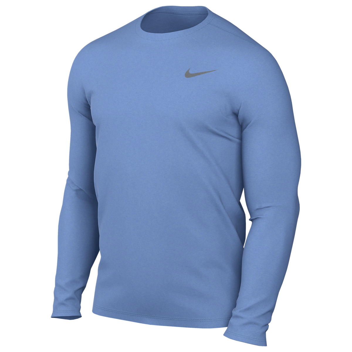 A light blue long-sleeved Nike performance crew-neck shirt with a small grey swoosh on the left chest.