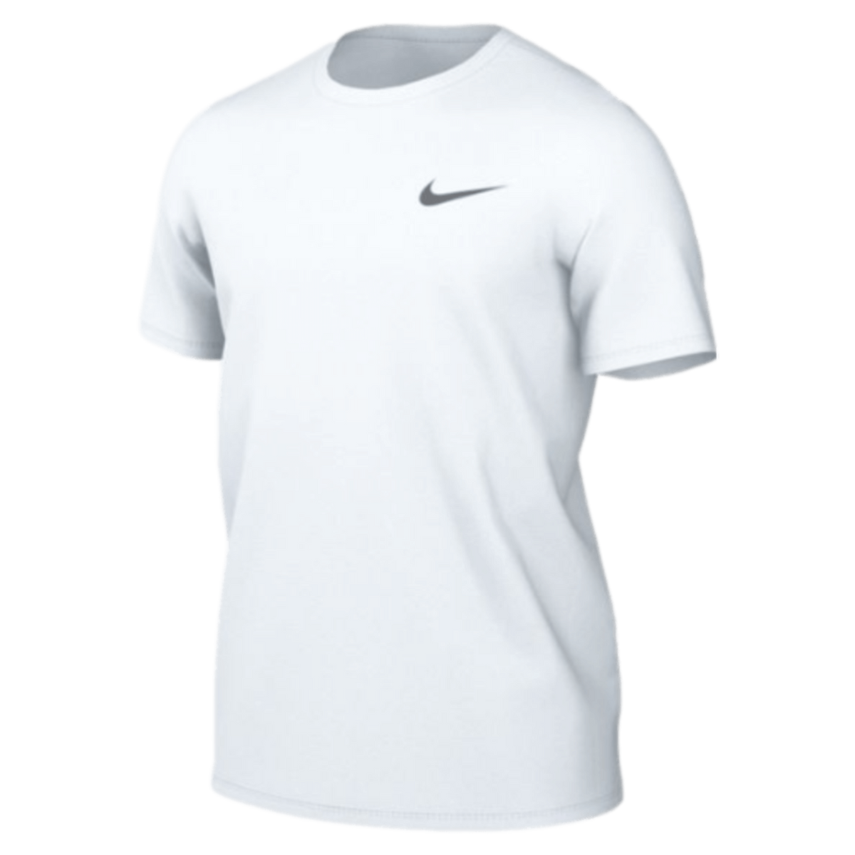 A plain white crew-neck T-shirt with a dark grey Nike swoosh logo on the left chest.