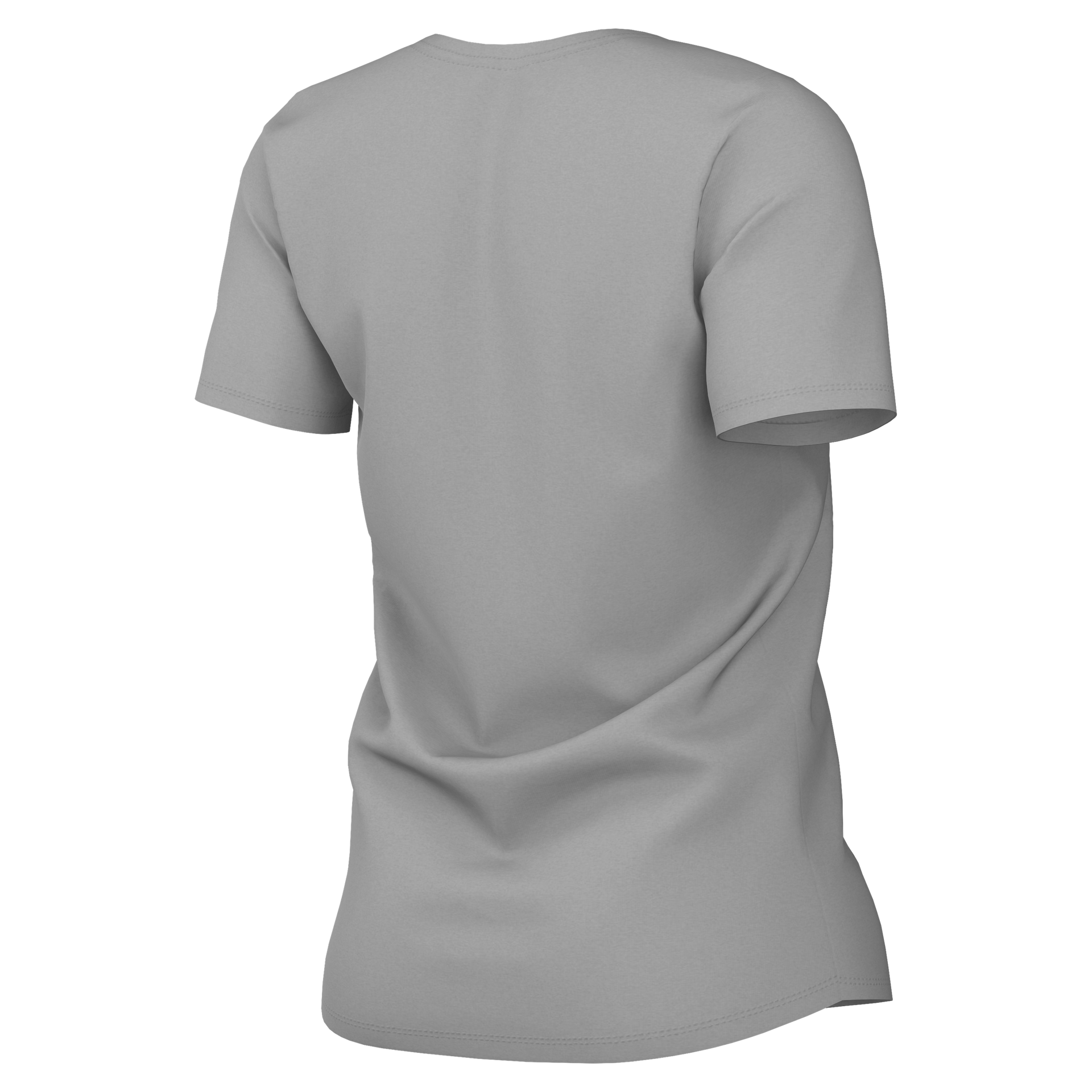 Rear view of a plain grey short-sleeved t-shirt against a solid black background.