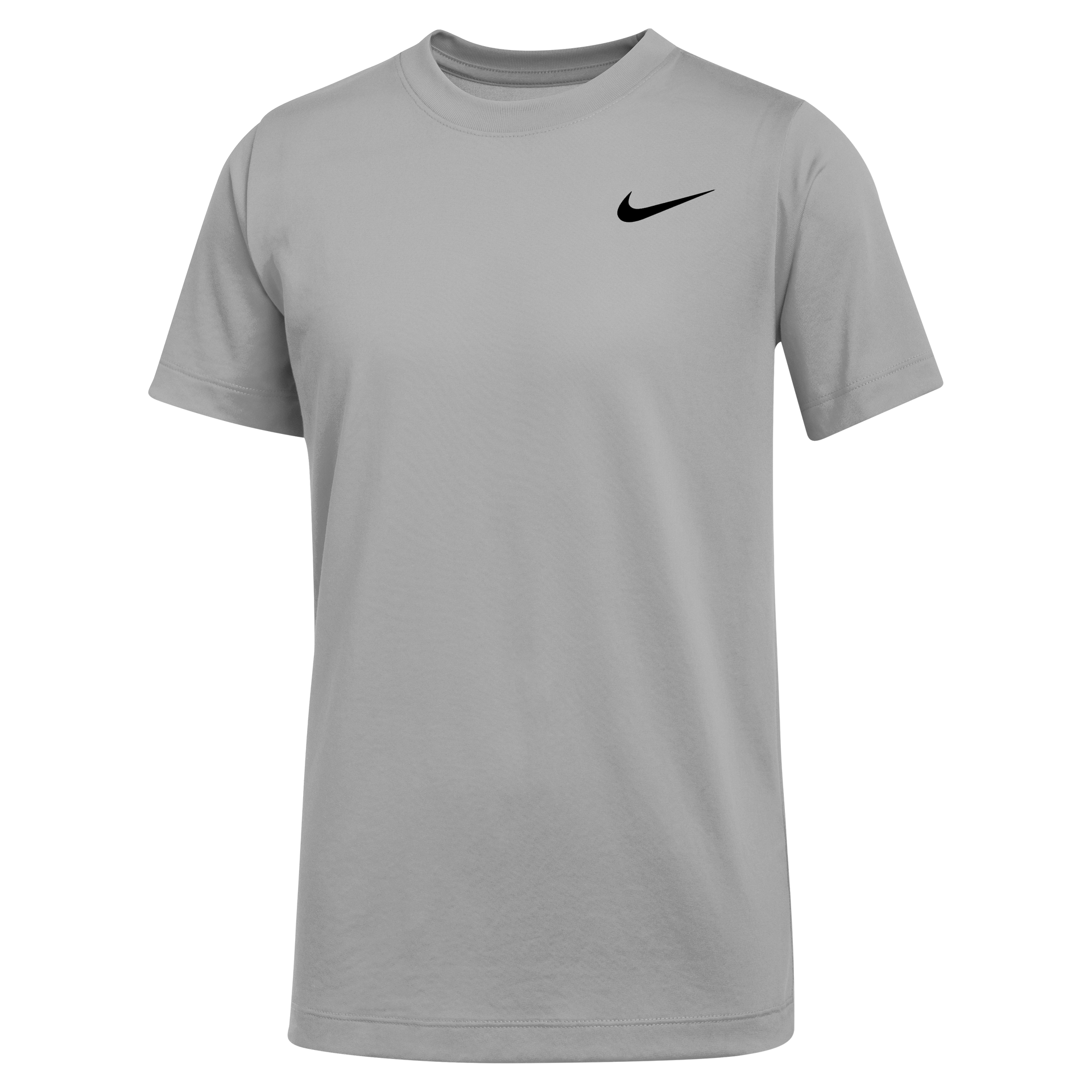 A short-sleeved grey Nike crew neck t-shirt featuring a small black swoosh logo on the upper right chest.