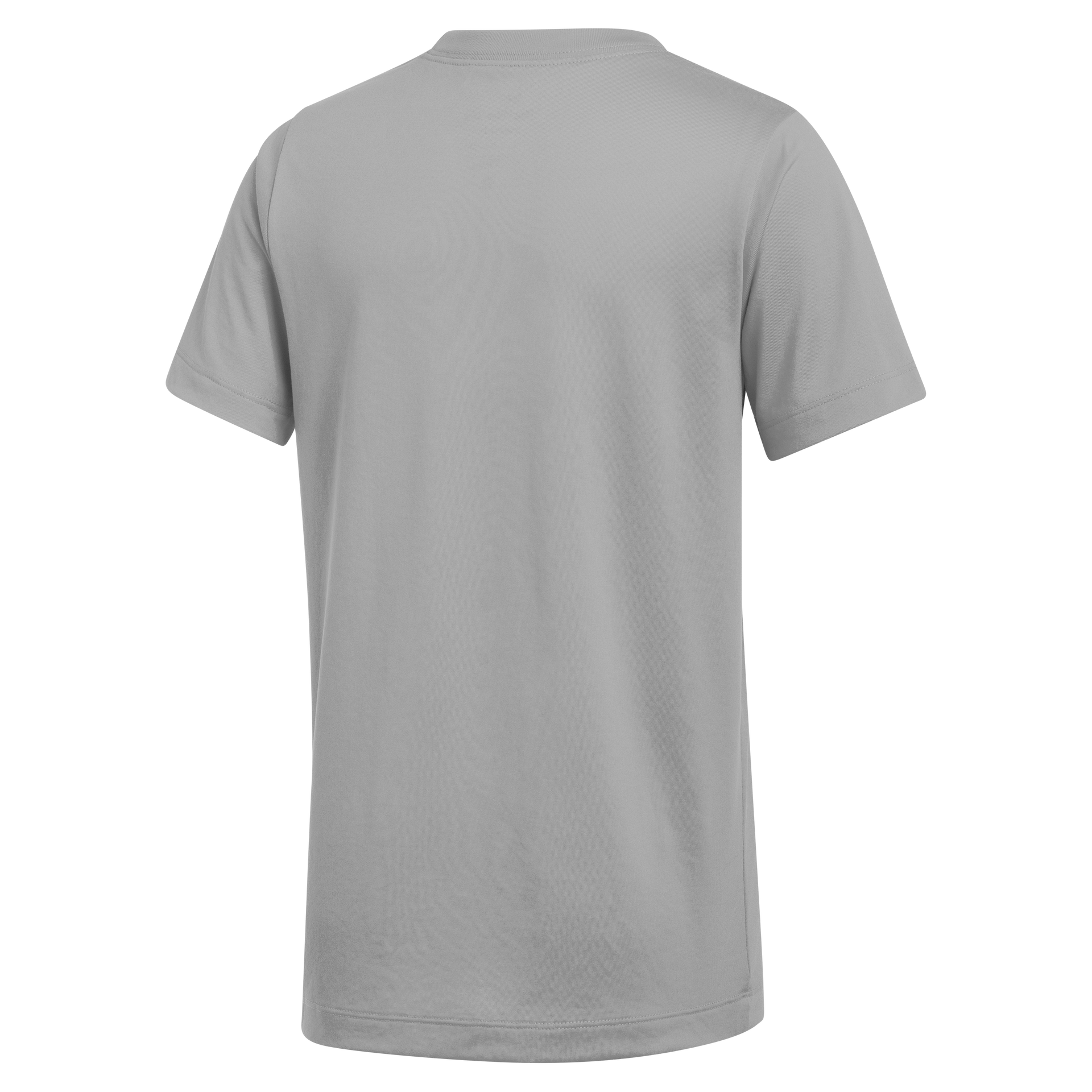The back view of a plain light grey short-sleeved t-shirt with a crew neck.