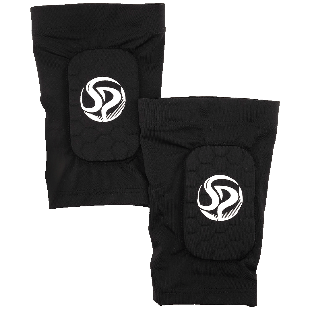 Two black protective athletic pads with a white "SP" logo and hexagonal padding, shown against a green background.