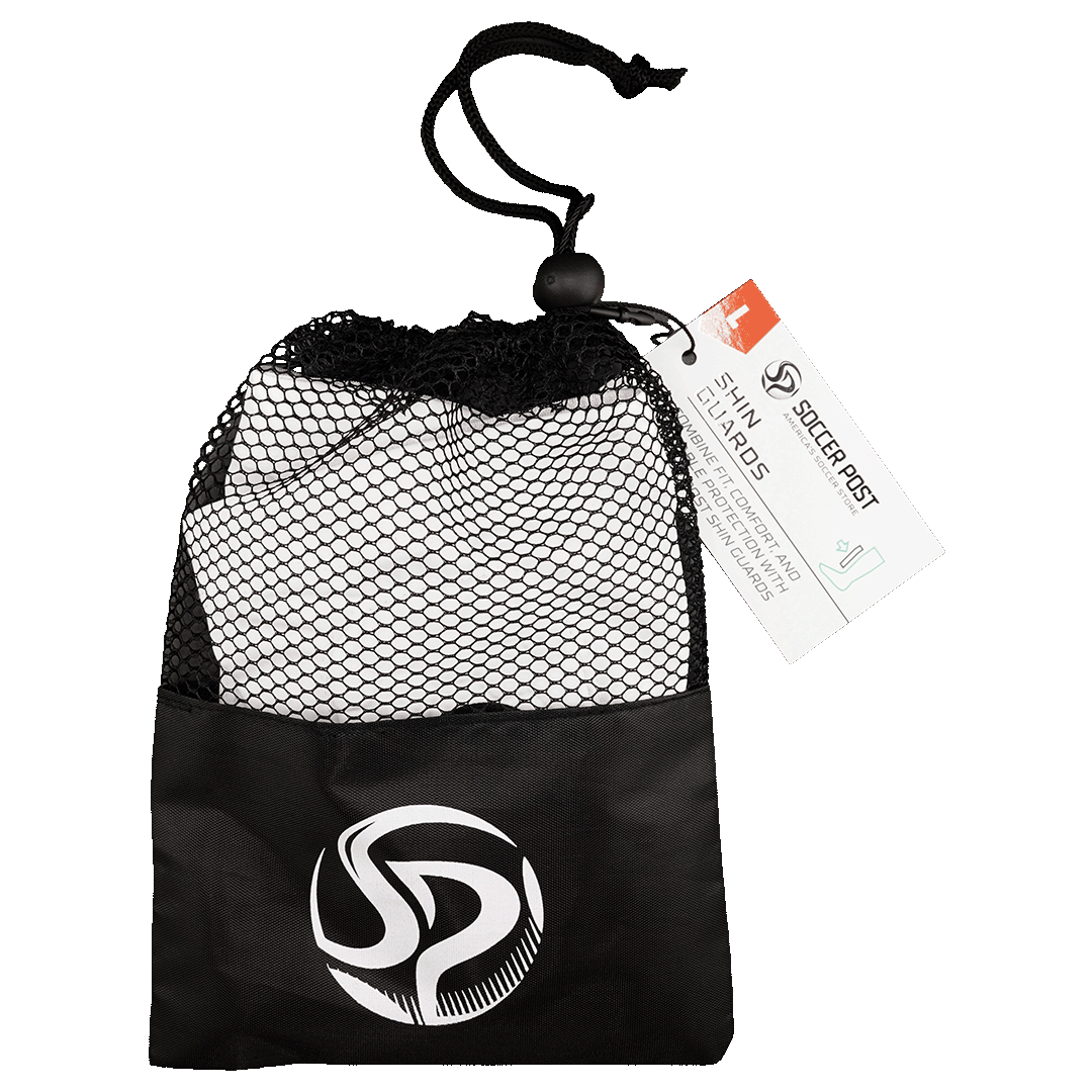 Black mesh drawstring bag containing white soccer shin guards, featuring a Soccer Post logo and product tag.