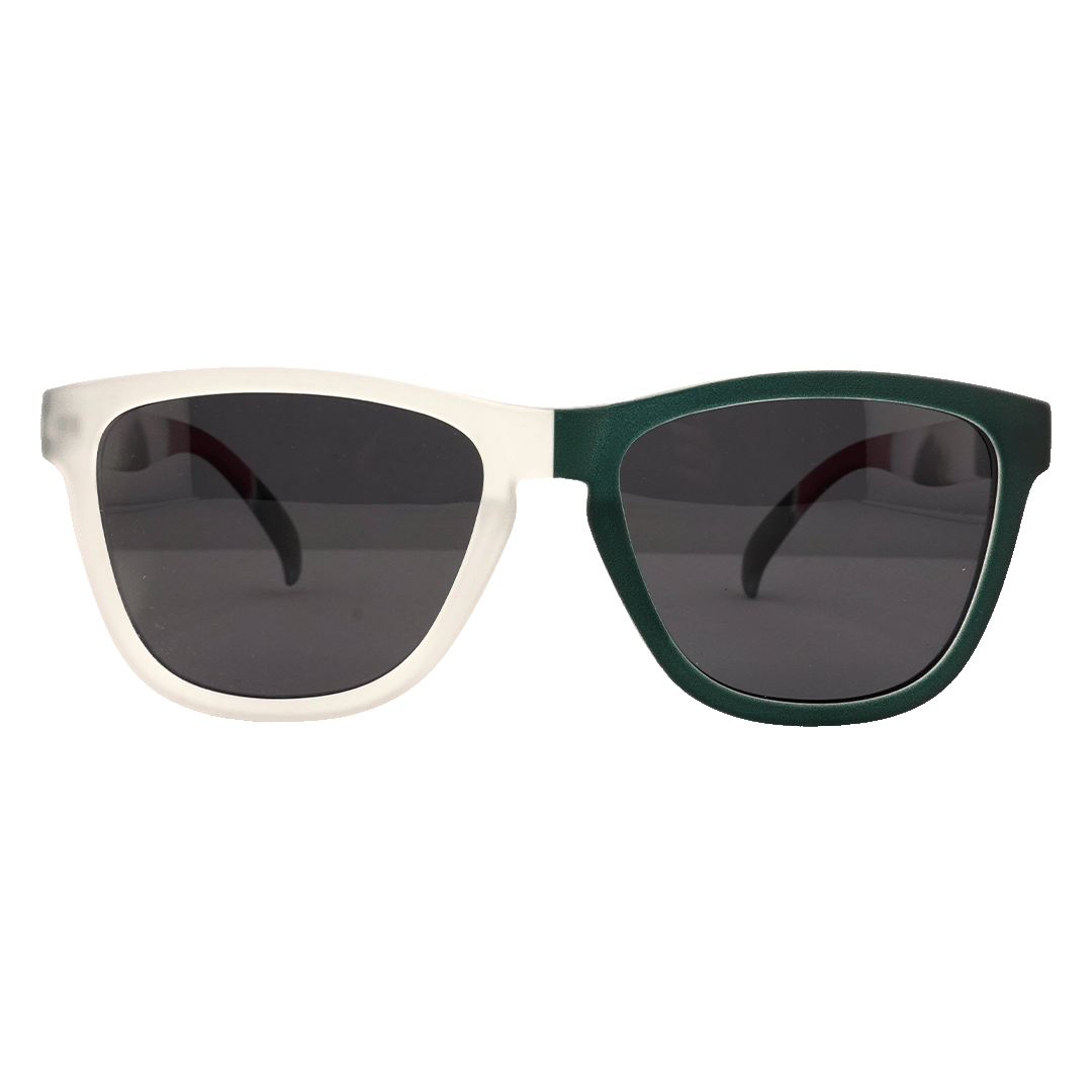 A pair of Wayfarer-style sunglasses with a split-color frame: the left side is frosted white, and the right side is dark green. The lenses are dark grey.