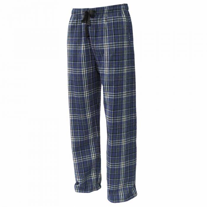 A pair of blue, white, and black plaid pajama pants with a drawstring waistband, displayed on a plain white background.