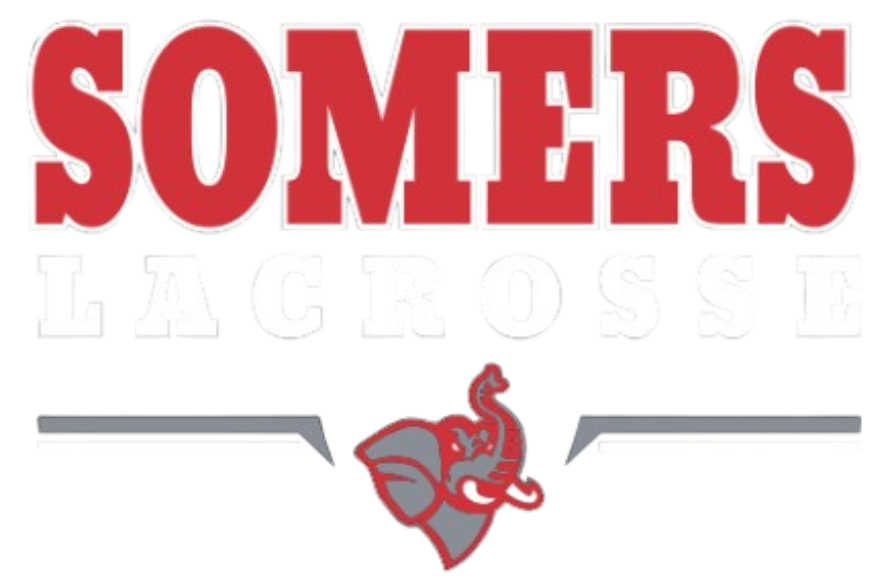 Somers Lacrosse logo featuring red and white block text above a red and grey elephant head mascot.