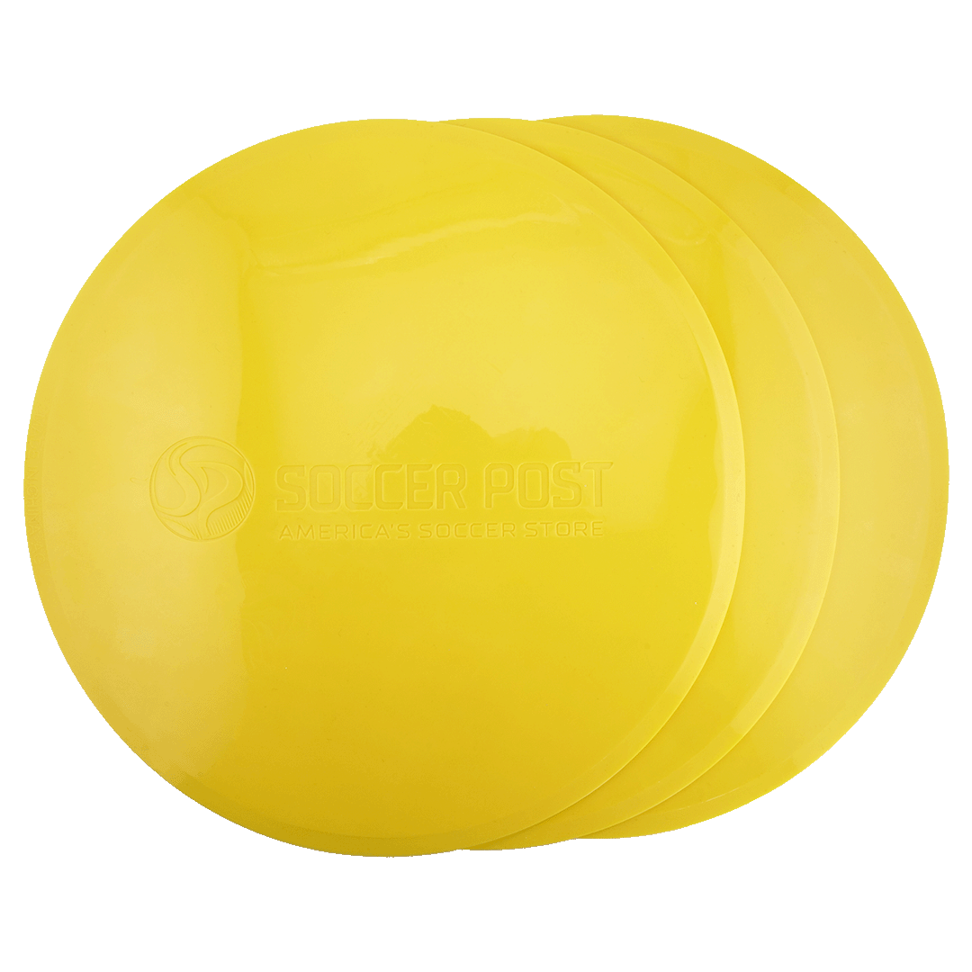 A stack of three yellow flat disc training markers with an embossed Soccer Post logo.
